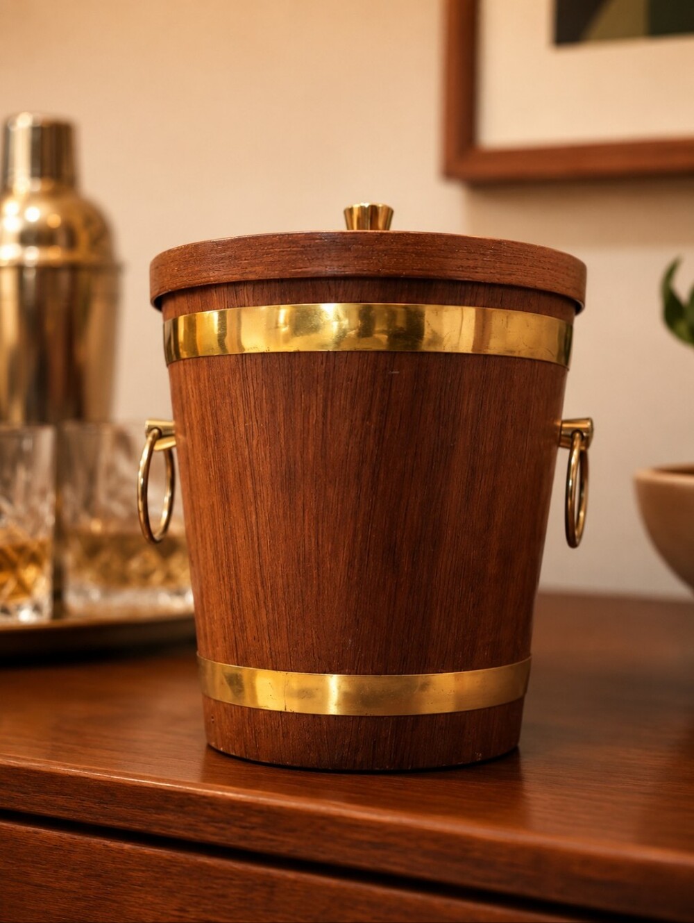 Vintage Danish Modern Teak Brass Ice Bucket Barware 10.5"